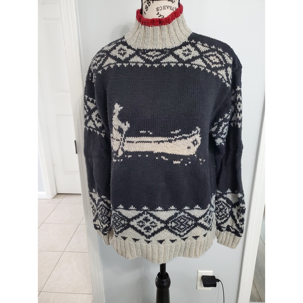 Lauren Ralph Lauren Hand Knit Canoe Fair Isle Linen Cotton Sweater Black Large